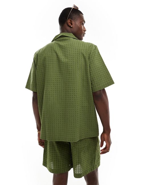 ASOS Green Co-ord Short Sleeve Relaxed Fit Revere Collar Broderie Shirt for men