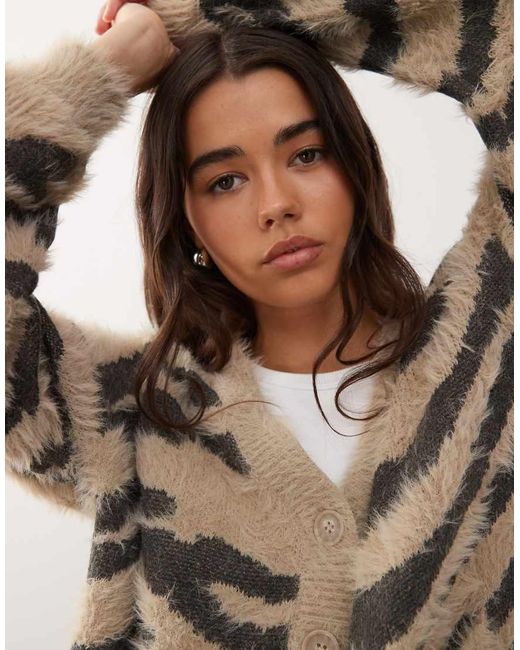 Noisy May Natural Brushed Knit Zebra Cardigan