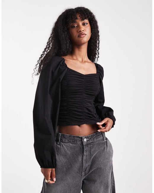 Pieces Black Ruched Long Sleeve Blouse