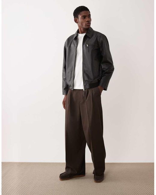 ASOS Gray Real Leather Oversized Harrington Jacket for men