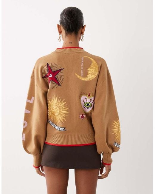 Never Fully Dressed Brown Mystical Embroidered Contrast Edge Cardigan
