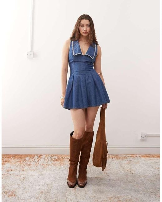 Miss Selfridge Blue Sailor Collar Denim Dress With Picot Trim
