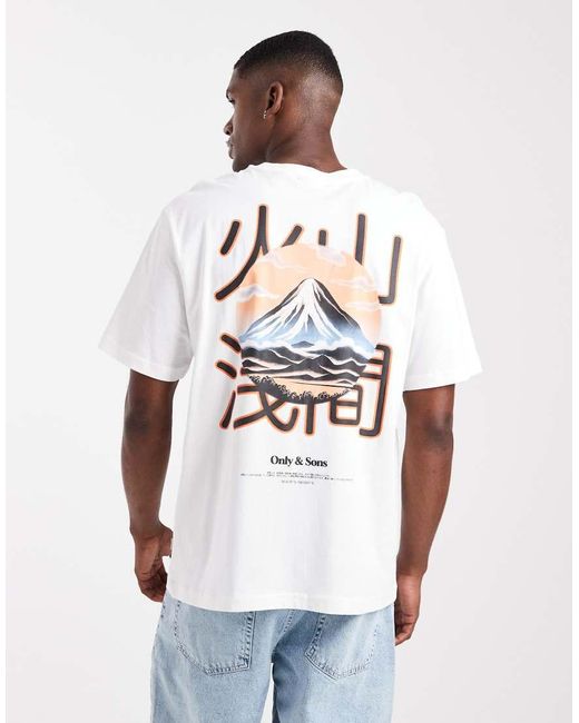 Only & Sons White Relaxed Fit T-shirt With Mountain View Back Print for men