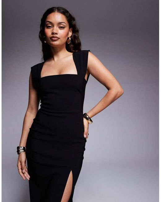 Vesper Petite Blue Bengaline Square Neck Thigh Split Midi Dress