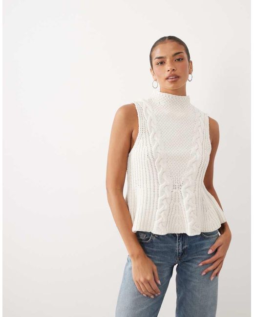 Y.A.S White High Neck Sleeveless Cable Knitted Peplum Top