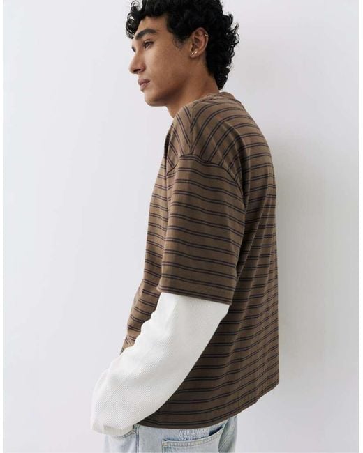 Pull&Bear Brown Double Long Sleeve T-Shirt for men