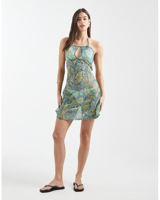 Aray Blue Halterneck Sheer Mini Beach Dress
