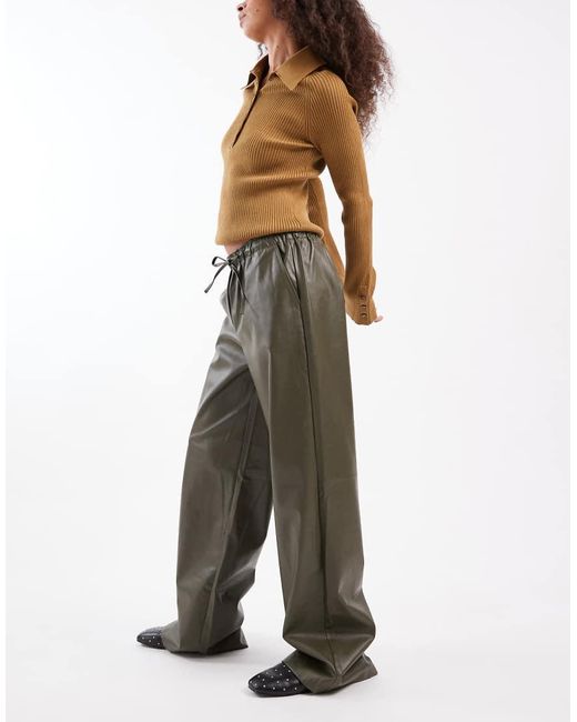Vero Moda Green Tie Waist Wide Leg Faux Leather Trouser