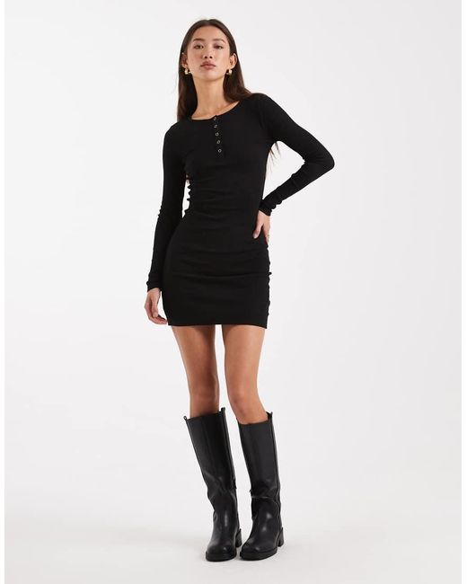 Brave Soul Black Long Sleeve Ribbed Jersey Mini Dress With Button Detail