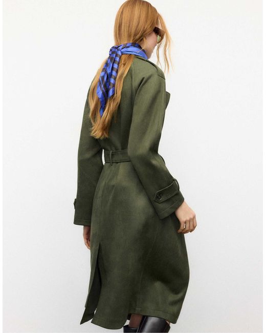 Stradivarius Green – langer trenchcoat aus wildlederimitat