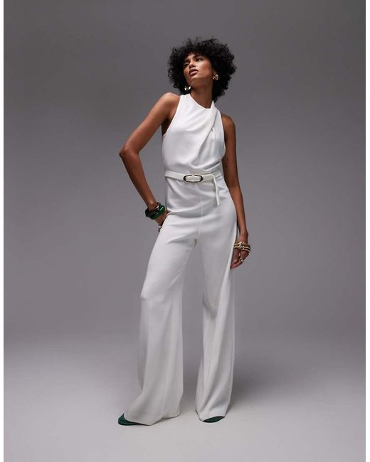Mango Gray High Neck Draped Jumpsuit With Gold Belt