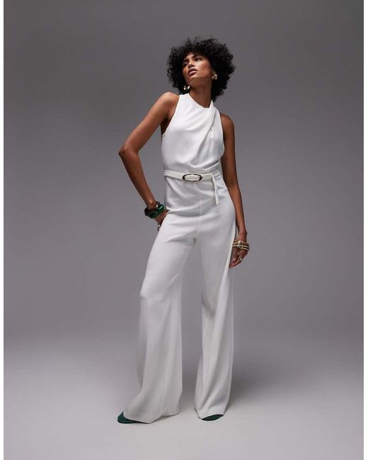 Mango Gray High Neck Draped Jumpsuit With Gold Belt