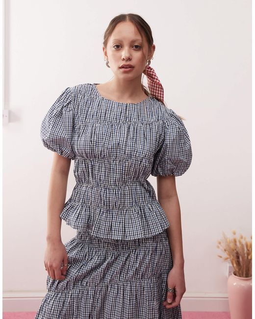 Top style western à manches courtes avec manches bouffantes et détail froncé - carreaux bleus Reclaimed (vintage) en coloris Blue