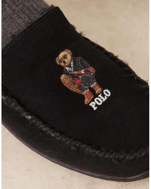Polo Ralph Lauren Black Brenan Suede Slipper With Holiday Bear Logo for men