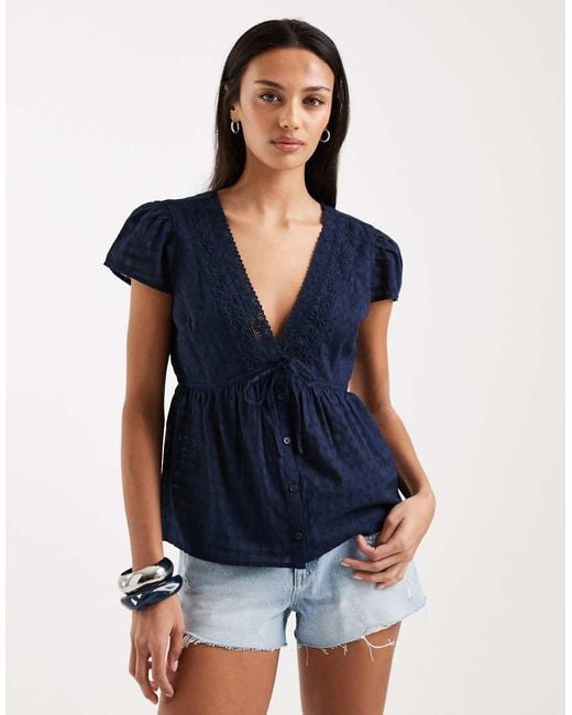 Hollister Blue Embroidered Boho Babydoll Top