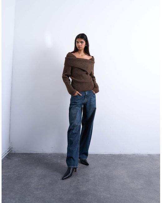 TOPSHOP Blue Knitted Ribbed Bardot