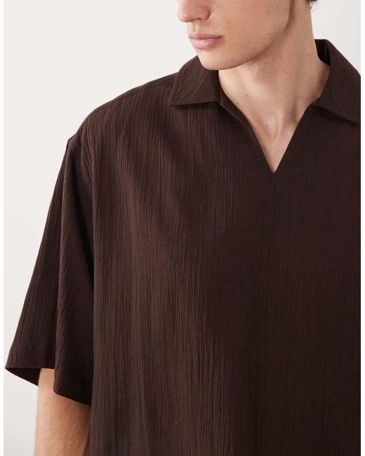 ASOS Brown Co-ord Boxy Oversized Overhead Revere Crinkle Texture Shirt for men