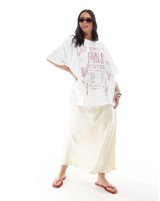 ASOS White Asos Design Curve Oversized T-shirt With Band Graphic With Lace Overlay