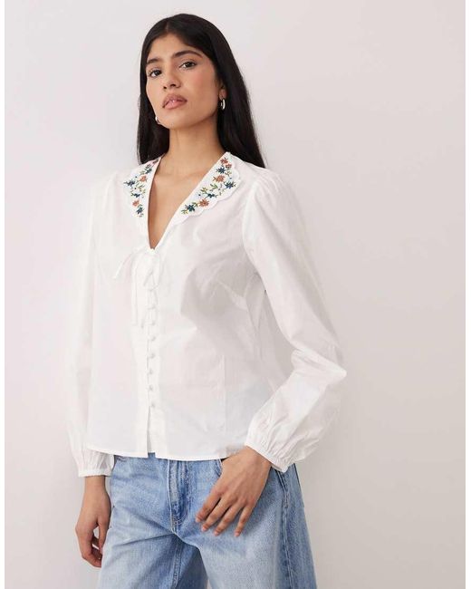 Nobody's Child White Isla Poplin Blouse With Embroidered Collar