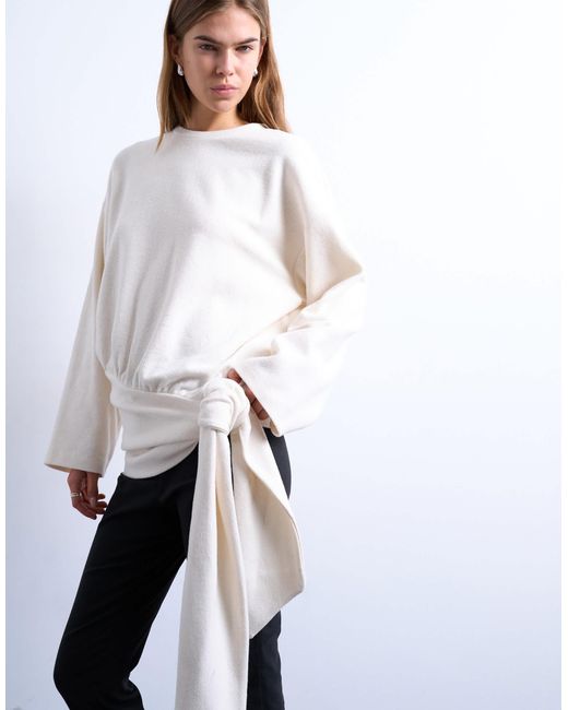 T-shirt oversize à manches longues en tissu doux avec liens noués à la taille - écru TOPSHOP en coloris White