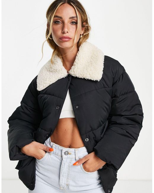 TOPSHOP Mid Length Puffer Jacket With Borg Collar in Black | Lyst Canada