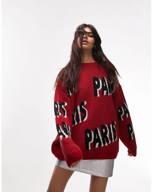 TOPSHOP Red Knitted Paris Jumper
