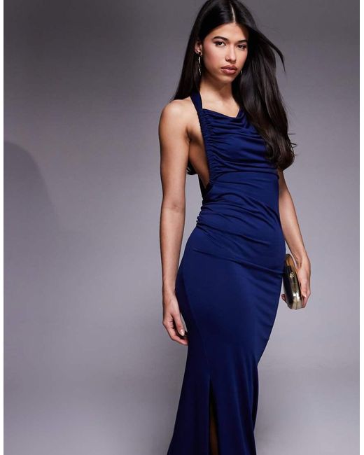 Aria Cove Blue Double Layered Slinky Asymmetric Halterneck Low Twist Back Dress Maxi Dress
