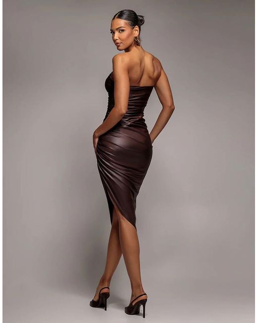 Goddiva Brown Bandeau Faux Leather Midi Dress