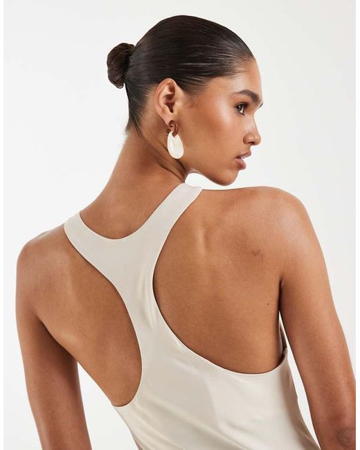 ASOS Natural Satin Racer Neck Maxi Dress With Slit