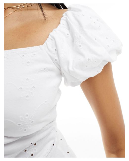 ASOS White Broderie Button Corset Mini Dress With Puff Cap Sleeve