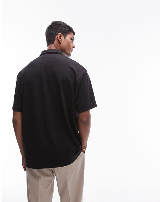 Topman Black Oversized Fit Zip Through Jersey Polo for men