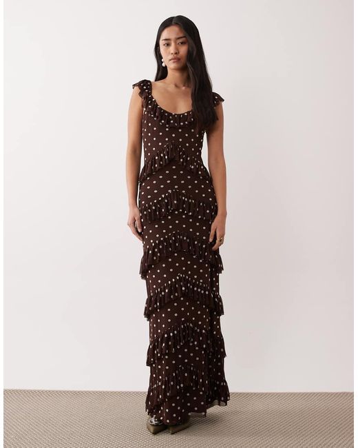 Pretty Lavish Brown Mesh Ruffle Tiered Maxi Dress