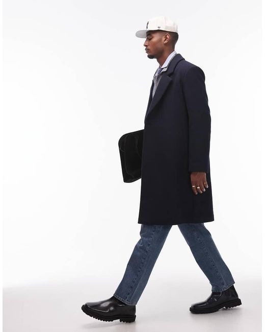 Topman Blue Relaxed Single Breasted Overcoat for men