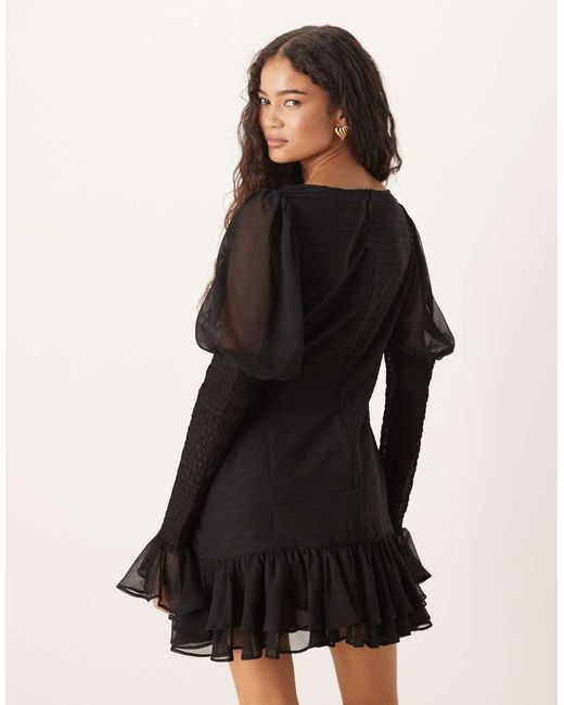 ASOS Black Slash Neck Dropped Waist Mini Dress With Shirred Sleeves