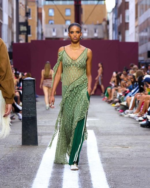 ASOS Green Asymmetric Sheer Lace Maxi With Shredded Detailing And Exposed Seams