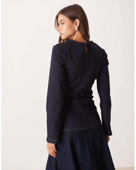 ASOS Blue Cinched Waist Denim Long Sleeve Top With Shoulder Pads