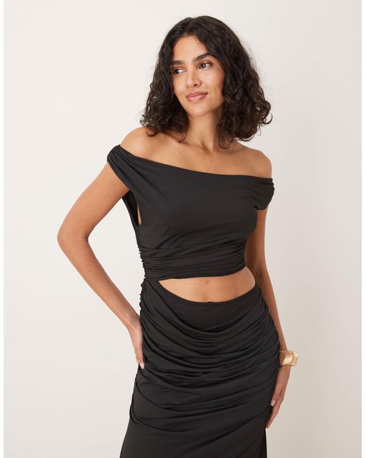 SNDY'S Black Premium Asymmetric Drape Off Shoulder Cutout Maxi Dress