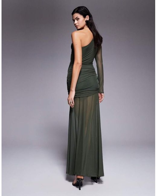 ASOS Gray Mesh One Sleeve Gauged Detail Maxi Dress With Full Skirt