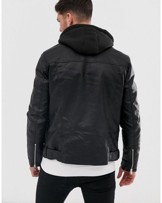 River Island Denim Faux Leather Biker Jacket With Hood In Black For Men Lyst River Island Denim Faux Leather Biker Jacket With Hood In Black For Men Lyst