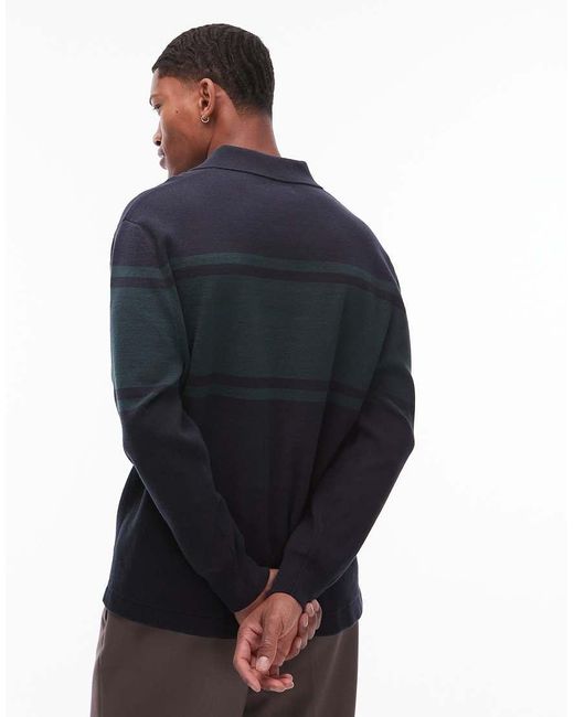 DOUBLE A by WOOD WOOD Blue Curt Stripe Panel Long Sleeve Polo Knit for men