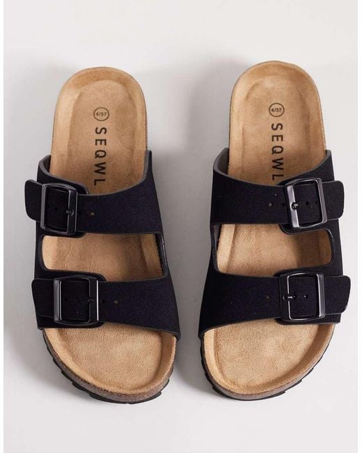 SEQWL Wide Fit Black Seqwl Olsen Wide Fit Double Buckle Flat Sandals
