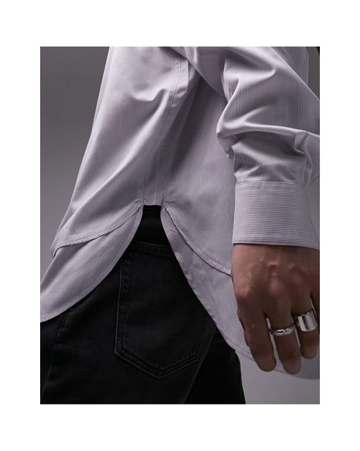 Topman Gray Long Sleeve Oversized Double Hem Stripe Shirt for men