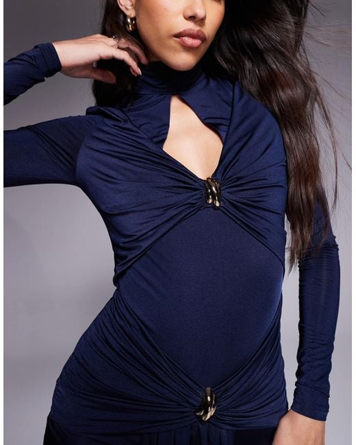 Ruched & Ready Sculpted High Neck Keyhole Detail Gold-tone Hardware Drape Mini Dress in Blue | Lyst Ruched & Ready Sculpted High Neck Keyhole Detail Gold-tone Hardware Drape Mini Dress in Blue | Lyst