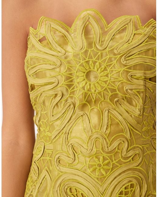 ARRANGE Yellow Abstract Cutwork Bandeau Maxi Dress With Pleated Skirt