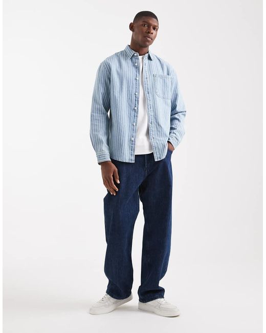 Redefined Rebel Blue Boxy Denim Striped Shirt for men