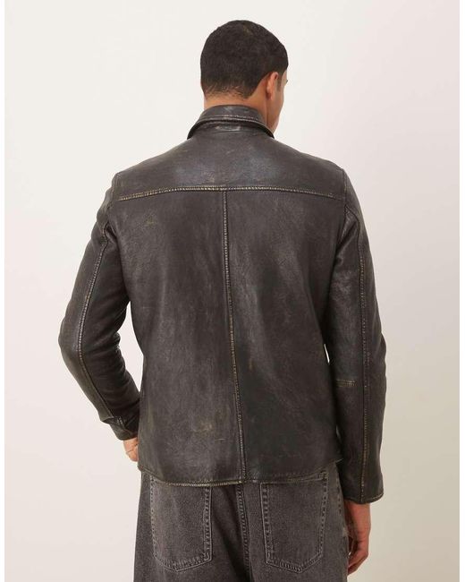 Barney's Originals Gray Real Leather Washed Harrington for men