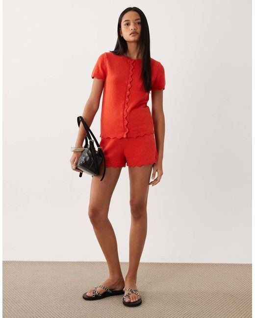 ASOS Red Slub Yarn Cardigan With Scallop Edge Co-Ord