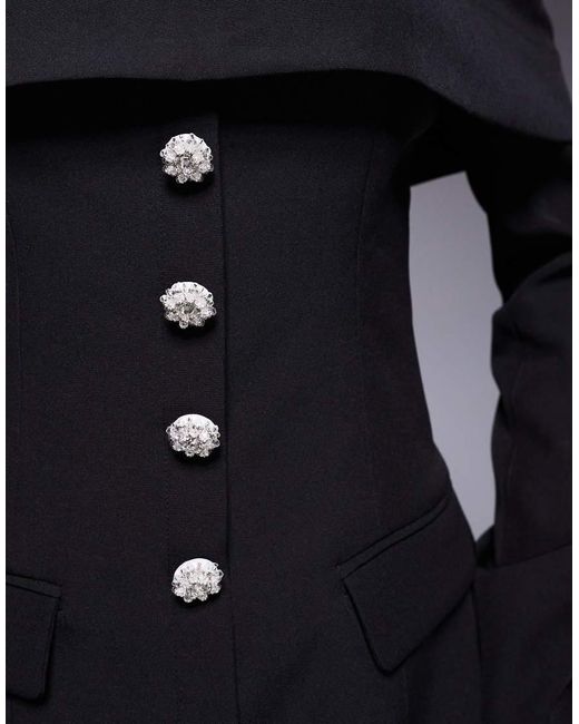 Kaiia Black Exclusive Bardot Foldover Tailored Long Sleeve Diamante Button Detail Mini Dress