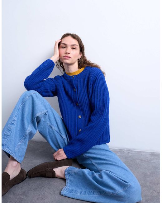 TOPSHOP Blue Knit Ribbed Crew Relaxed Button Cardigan