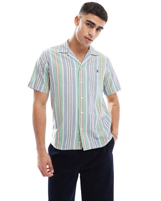 Camicia Classica Oversize A Maniche Corte E Verde A Righe Multicolore Con Logo di Polo Ralph Lauren in Blue da Uomo